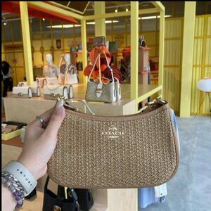 COACH Teri 2way Shoulder Bag Crossbody Straw/Leather Latte CR350